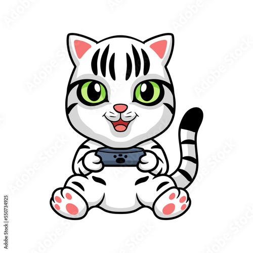 Cute american short hair cat cartoon holding food bowl