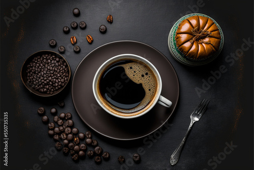 The perfect coffee in a black coffee mug against a charcoal background