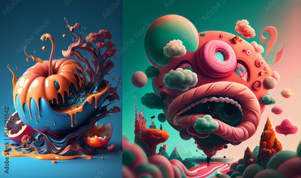 Abstract surreal forma illustration, floral elements, futuristic modern art, collection, jellyfish and sea urchin