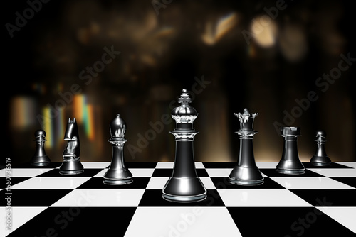 Silver and golden chess pieces isolated on black background. Doll chess game. Chess board game. Strategy game. Minimal creative concept. 3D illustration  3D rendering.