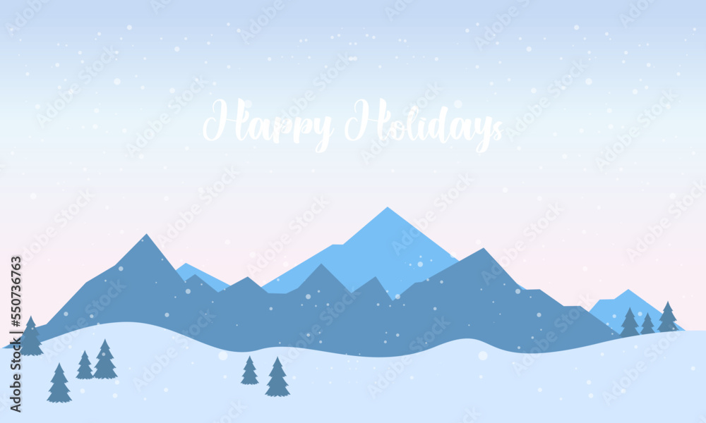 Blue mountains winter snowy landscape with hand lettering of Happy Holidays and pines on foreground illustration