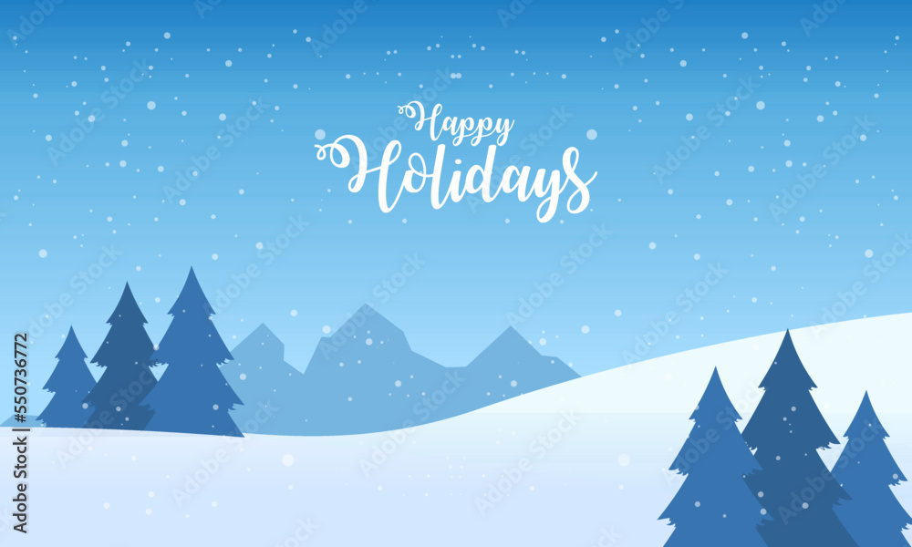 Blue mountains winter snowy landscape with hand lettering of Happy Holidays and pines on foreground illustration