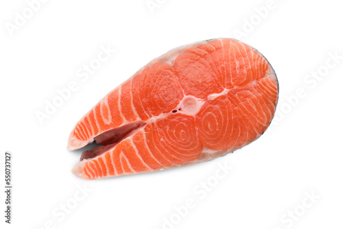 Fresh raw salmon steak isolated on white, top view