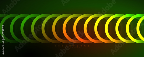 Neon glowing circles and round shape lines, magic energy space light concept, abstract background wallpaper design