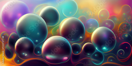 Picture of oil bubbles from oil. Holographic floating liquid blobs, metaballs.