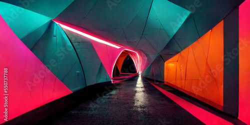 Abstract futuristic neon tunnel with pink, blue glowing . Futuristic wallpaper.