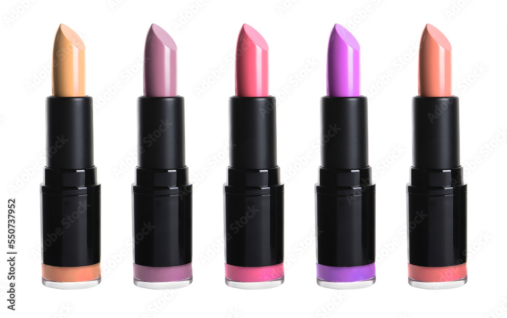 Set with different beautiful lipsticks on white background Set with different beautiful lipsticks on white background