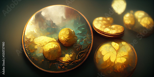 Treasure of golden coins in the ground. Search for ancient treasures. Close-up