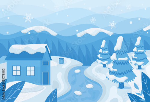 Winter landscape concept. Snowdrifts and Christmas trees with big house. Poster or banner, stylish background. Symbol of cold weather, travel and active lifestyle. Cartoon flat vector illustration