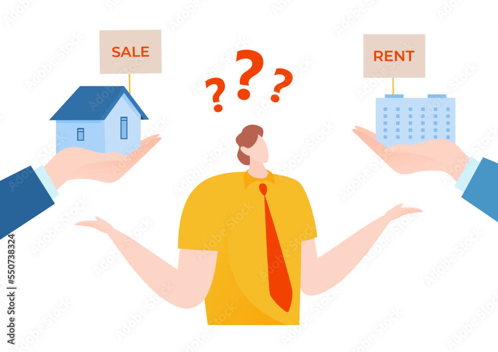 Global issue buy or rent apartment, modern solution housing problem, character think question mark flat vector illustration, isolated on white. Global issue buy or rent apartment, modern solution housing problem, character think question mark flat vector illustration, isolated on white.