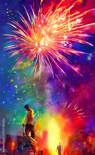 I am standing on a rooftop, surrounded by people. We are all gazing up at the sky in wonder as colorful fireworks explode overhead. A feeling of excitement and hope fills the air; it's going to be a g
