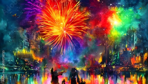 The fireworks explode in the sky and illuminate the dark night. The vibrant colors are so beautiful against the backdrop of the stars. © dreamyart