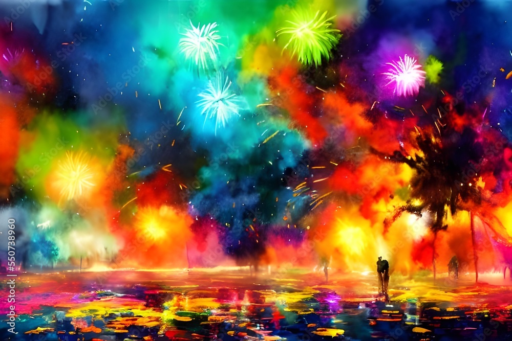 The sky is ablaze with colorful fireworks. They whiz and crackle, lighting up the night sky. cheering crowds are gathered around, clapping and oohing at the spectacular display.