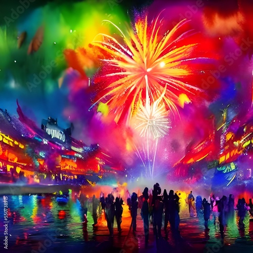 I'm watching the new year's fireworks. They're beautiful. The sky is lit up with different colors and patterns. I can hear the people around me cheering and celebrating. It's a happy time of year, and © dreamyart