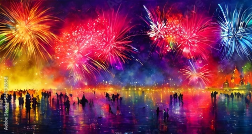 In the sky above, colourful fireworks explode, showering sparkling debris down onto onlookers below. Cheers and applause fill the air as people celebrate the start of a new year.