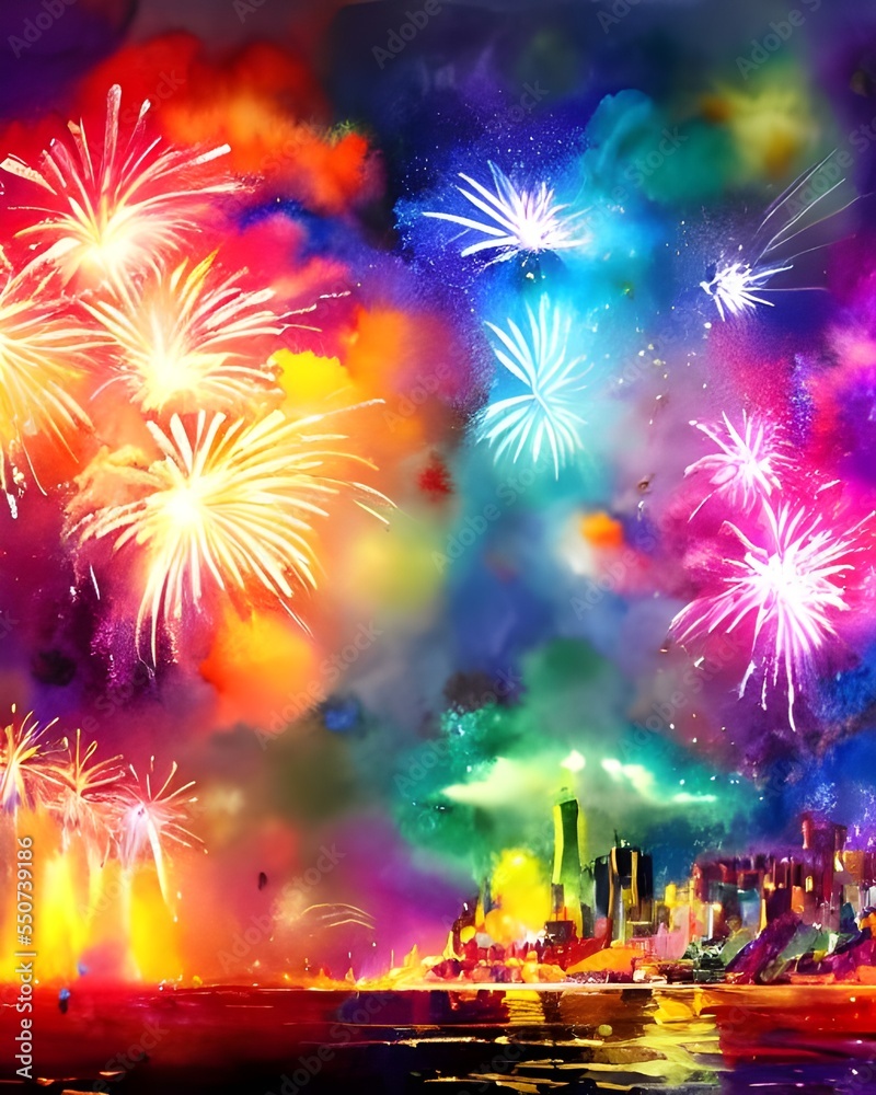 Obraz premium The night sky is ablaze with color as fireworks explode overhead. blues, greens, yellows and reds fill the air in a dazzling display. people all around me are cheering and clapping as the show goes on