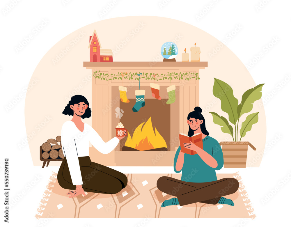 Obraz premium Women by fireplace. Young girls with hot drinks, coffee or tea sitting in house. Comfort and coziness in apartment. Symbol of winter holidays, New Year and Christmas. Cartoon flat vector illustration