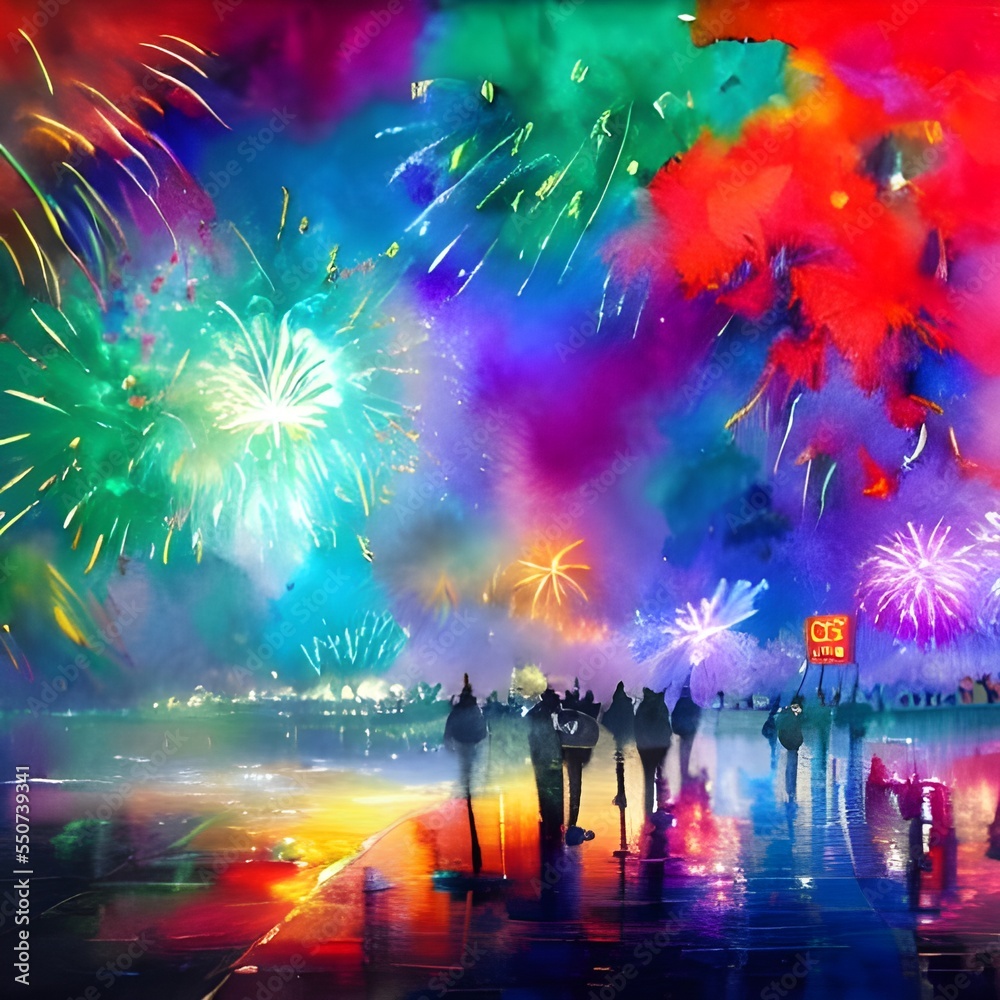Fototapeta premium It'sNew Year's Eve, and the skies are lit up with colorful fireworks. People are cheering and celebrating all around me. It's a moment of joy and happiness that I'll always remember.