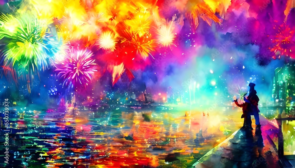 Obraz premium The sky is filled with vibrant colors as the fireworks explode in every direction. The sound of each explosion is deafening, yet it's also accompanied by a sense of awe and wonder. tens of thousands o