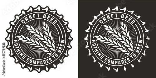 Beer cap with retro barley for brewery or factory. Wheat, barley and grain malt for poster with production process brewery of beer or whiskey. Vector vintage engraved illustration
