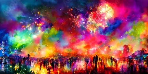 The sky is alive with color as the fireworks explode overhead. The crowd oohs and aahs at the display, clapping and cheering. The air is thick with smoke and the scent of gunpowder.