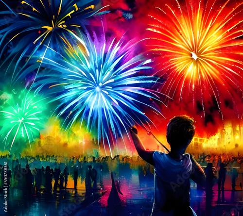 I am standing in the middle of a large crowd. We are all gathered around to watch the spectacular show above us. The sky is lit up with vibrant colors as each firework explodes. I feel a sense of joy 