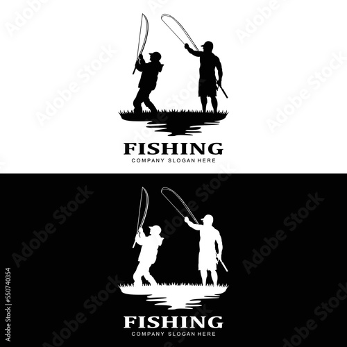 fishing logo icon vector, catch fish on the boat, outdoor sunset silhouette design