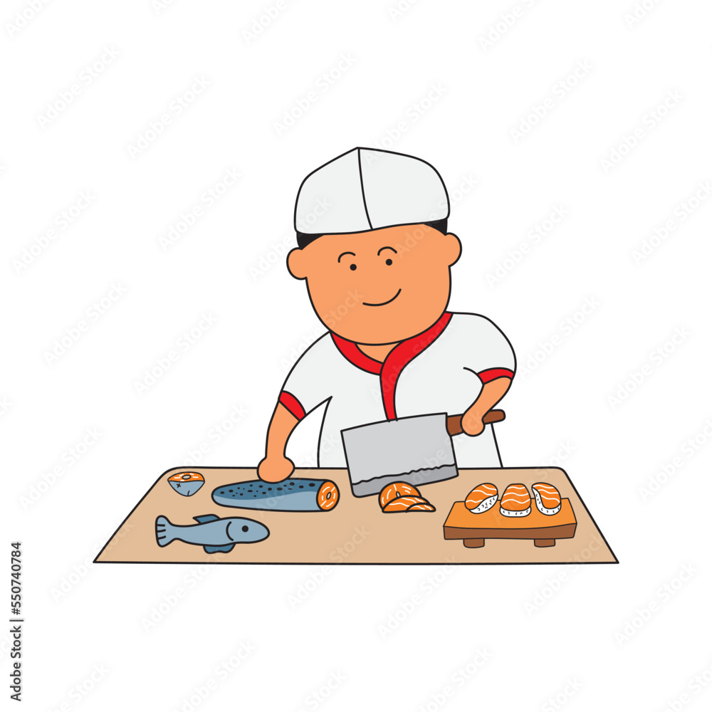 kids drawing Vector illustration of a sushi chef cutting salmon for sashimi kids drawing Vector illustration of a sushi chef cutting salmon for sashimi