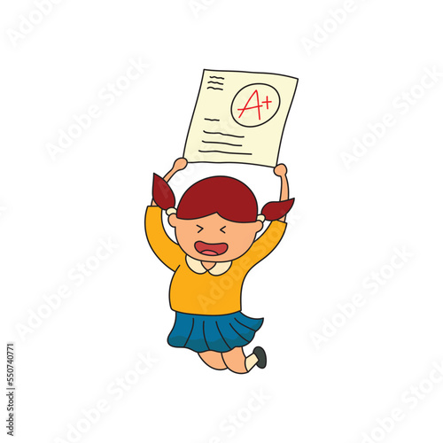 kids drawing Vector illustration of a happy school girl get an excellent grade
