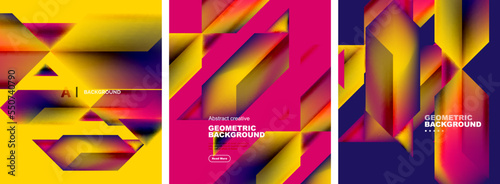 Vector set of abstract geometric poster backgrounds, colorful shapes with fluid colors. Collection of covers, templates, flyers, placards, brochures, banners