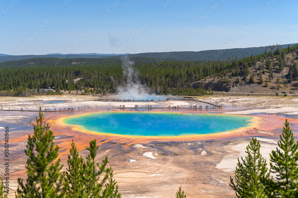 View of the Grand Prismatic Spring from the new overlook in Yellowstone National Park. View of the Grand Prismatic Spring from the new overlook in Yellowstone National Park.