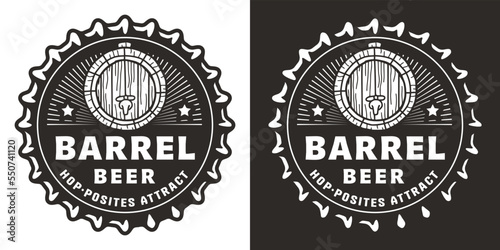 Beer cap with barrel for brew monochrome emblem or craft beer logo. Label or print for bar, pub or brewery shop