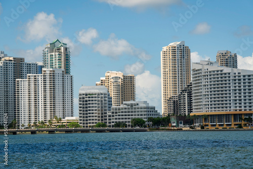 Cityscape views across the ocean at the bay in Miami  Florida