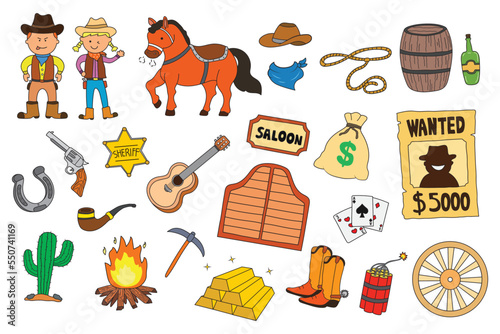 Vector illustration set of wild west elements including horse and wanted poster with a cowboy
