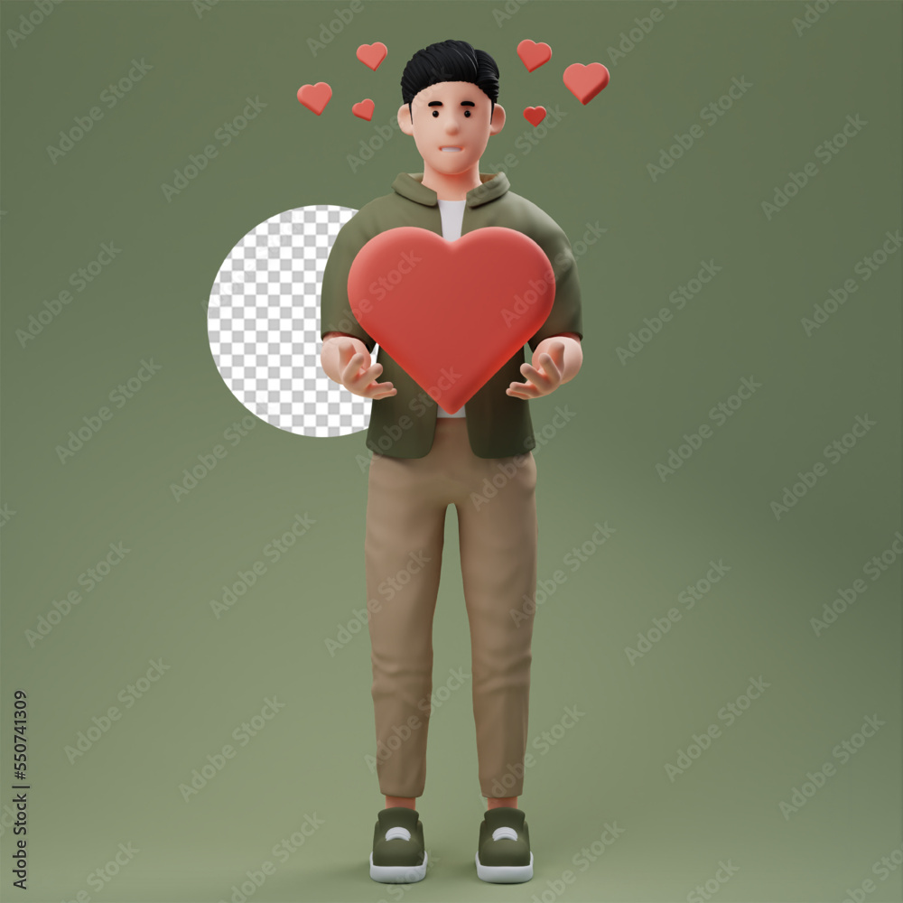 Cute 3d character man holding big heath icon, valentine Cute 3d character man holding big heath icon, valentine
