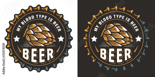 Fotobehang Retro hop beer logo or brew emblem with hops and metal cap for bar or pub