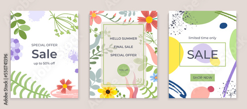 Floral geometric hello summer sale banner set, greeting postcard fashion flower design flat vector illustration, isolated on white.