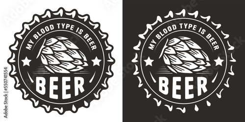 Retro hop beer logo or brew emblem with hops and metal cap for bar or pub. Craft print or label with cork and plant for brewery shop