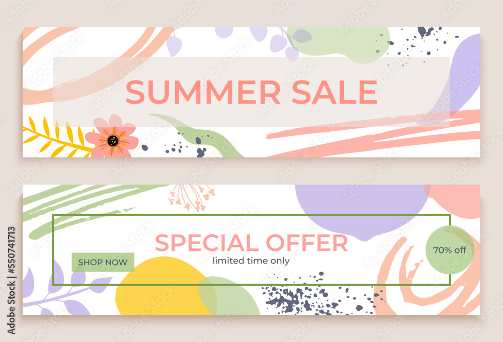 Summer sale special offer floral geometric banner, greeting postcard fashion flower design flat vector illustration, limited time only.