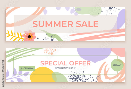 Summer sale special offer floral geometric banner, greeting postcard fashion flower design flat vector illustration, limited time only.