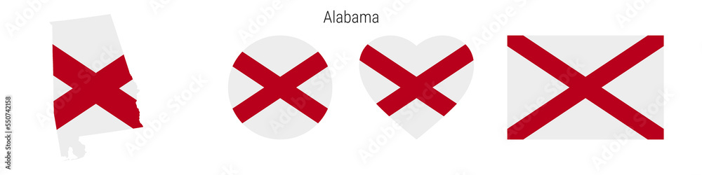 Alabama flag in different shapes icon set. Flat vector illustration Alabama flag in different shapes icon set. Flat vector illustration
