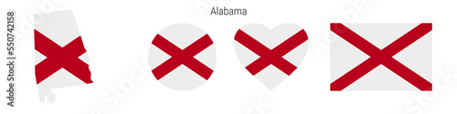 Alabama flag in different shapes icon set. Flat vector illustration