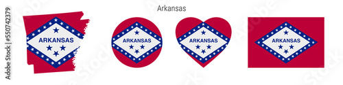 Arkansas flag in different shapes icon set. Flat vector illustration