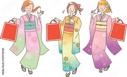 初売りセールで買い物をする女性のイラストセット素材