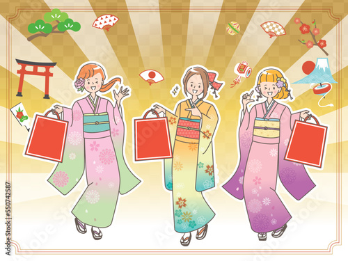初売りセールで買い物をする女性のイラストセット素材