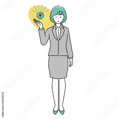お金のアイコンを手に添えるビジネスパーソンのイラスト素材