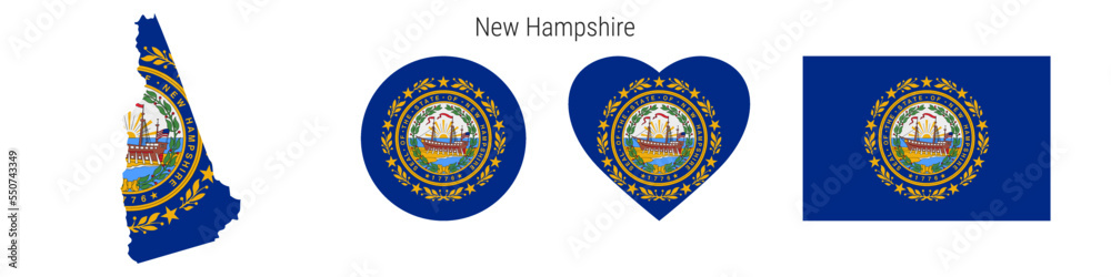 Naklejka premium New Hampshire flag in different shapes icon set. Flat vector illustration
