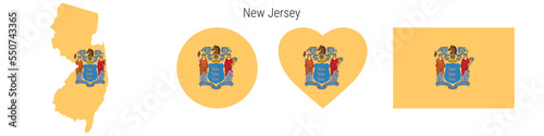 New Jersey flag in different shapes icon set. Flat vector illustration