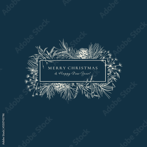 Winter card with rectangle frame with pines branches and cones and dried grasses. Dark blue background and white pattern. Vector botanical illustration. Engraving.