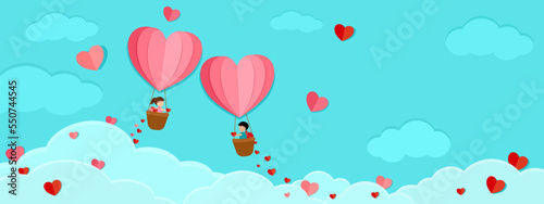 Valentine day papercut style banner vector illustration. Lover on sweet pink hot air balloons, many cute paper cut hearts flying on blue cloud sky, love greeting card with blank space copy for text.